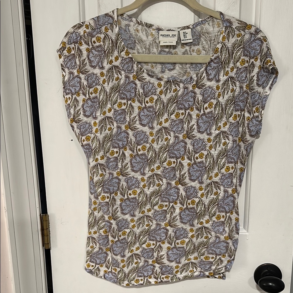 100% Linen Rachel Zoe Floral Cap Sleeve Blouse Size Small S